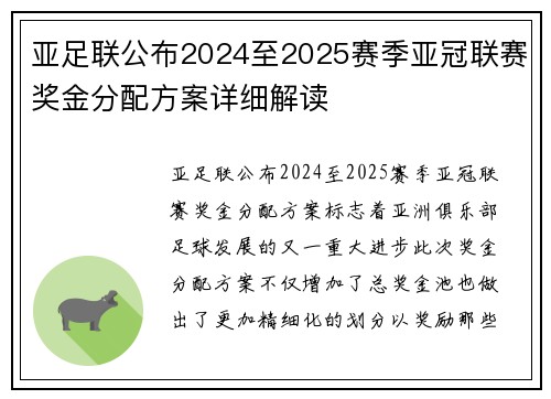 亚足联公布2024至2025赛季亚冠联赛奖金分配方案详细解读 亚足联公布2024至2025赛季亚冠联赛奖金分配方案详细解读