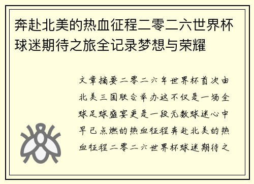 奔赴北美的热血征程二零二六世界杯球迷期待之旅全记录梦想与荣耀 奔赴北美的热血征程二零二六世界杯球迷期待之旅全记录梦想与荣耀